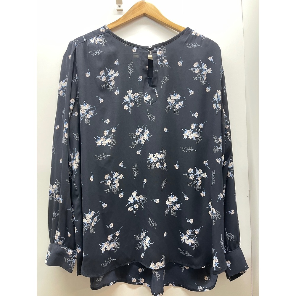Loft Womens XL Navy Blue Floral Long Sleeve Keyhole Back Blouse Top